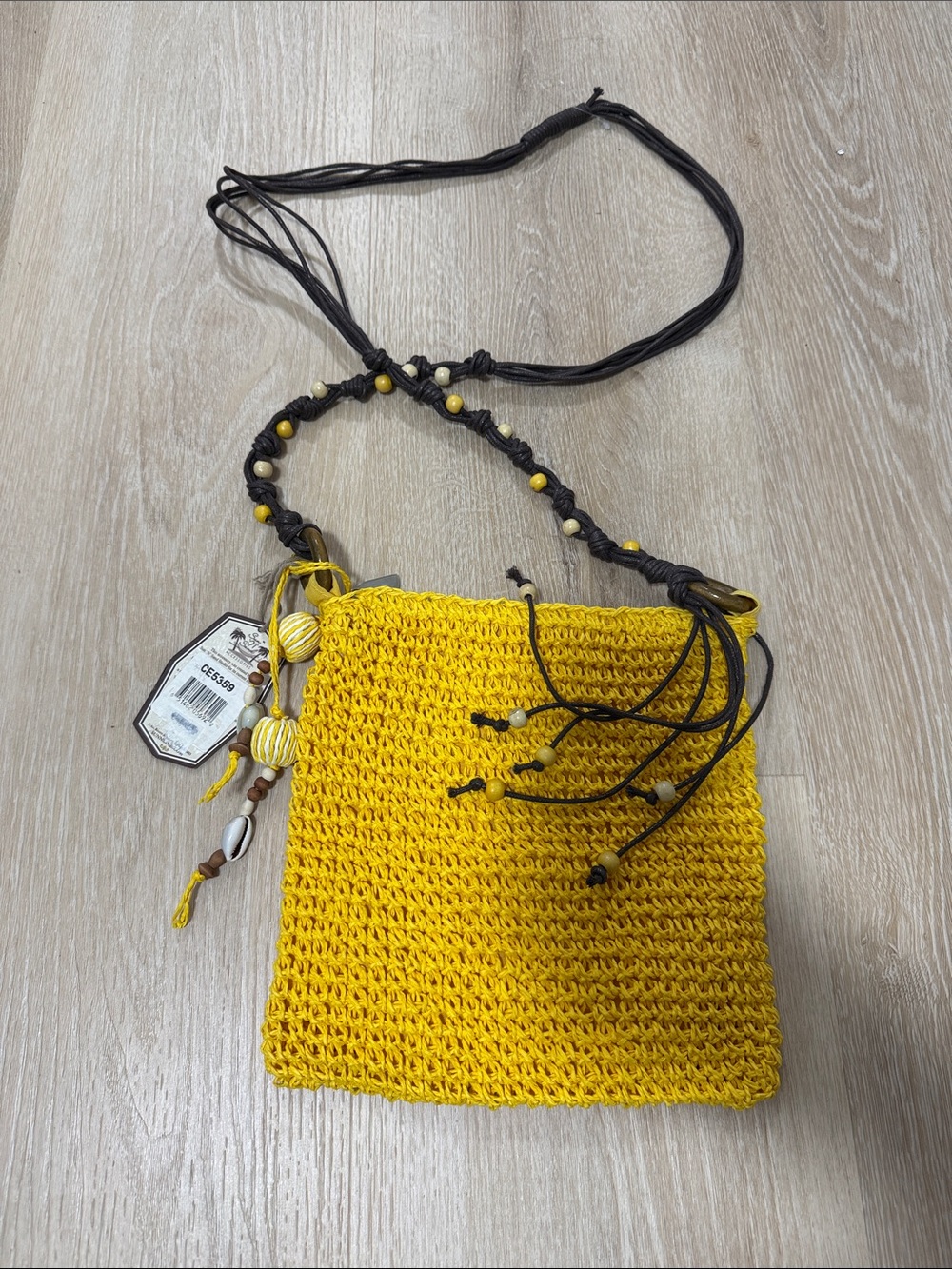 Woven Yellow Crossbody Bag with Beaded Strap